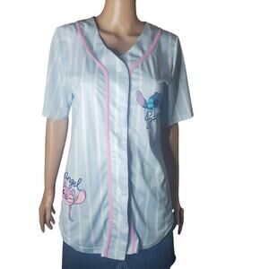 Disney Stitch Angel Baseball Jersey Juniors XL 13 Blue Kawaii Y2K Button Up Top